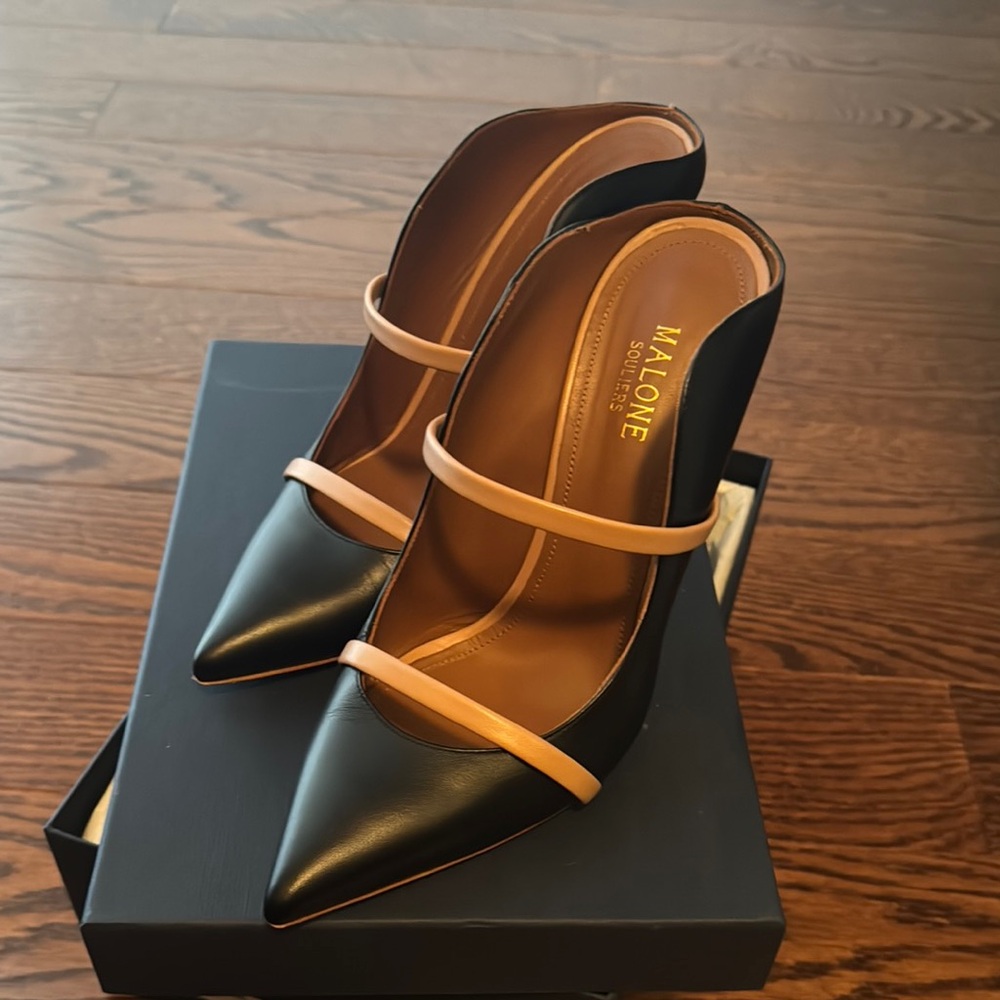 Malone Souliers Black and Tan Slingback Heels with Metal Accent